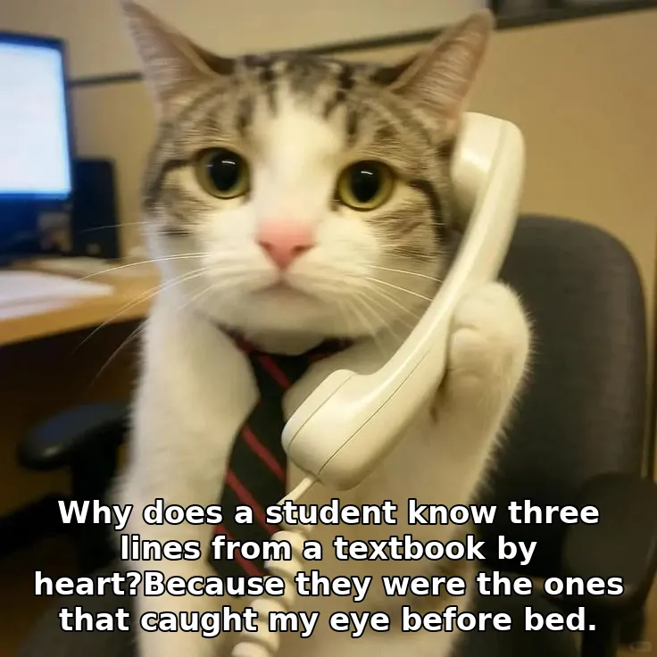 Why does a student know three lines from a textbook by heart?Because they were the ones that caught my eye before bed.