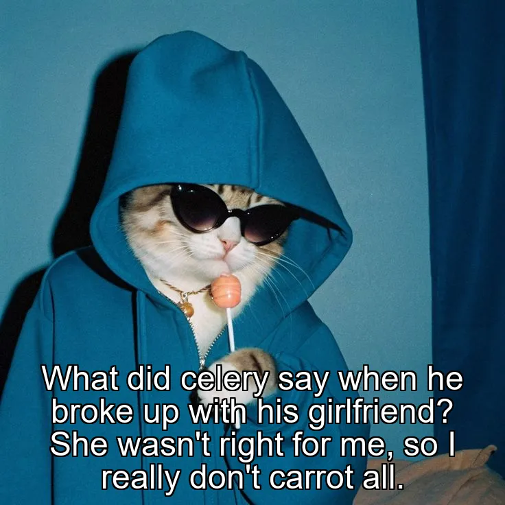 What did celery say when he broke up with his girlfriend? She wasn't right for me, so I really don't carrot all.