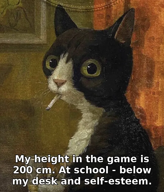 My height in the game is 200 cm. At school - below my desk and self-esteem.