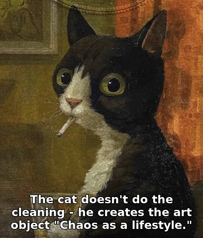 The cat doesn't do the cleaning - he creates the art object "Chaos as a lifestyle."