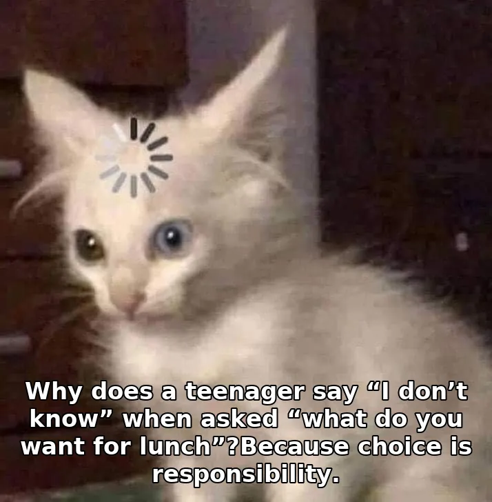 Why does a teenager say “I don’t know” when asked “what do you want for lunch”?Because choice is responsibility.