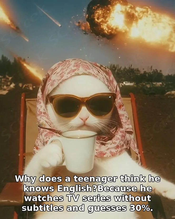 Why does a teenager think he knows English?Because he watches TV series without subtitles and guesses 30%.