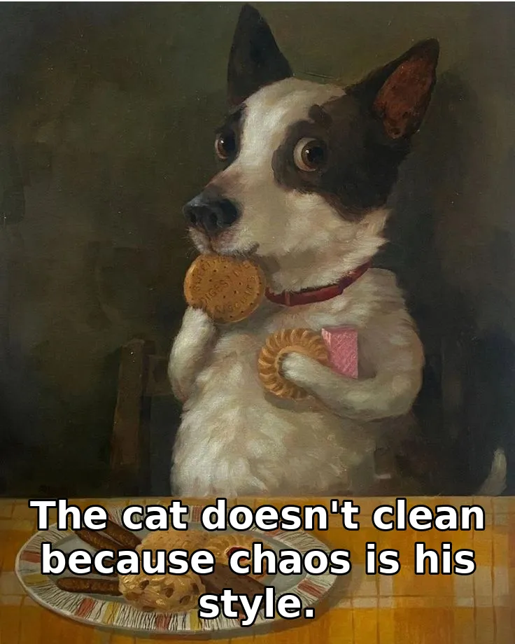 The cat doesn't clean because chaos is his style.