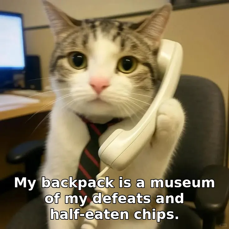 My backpack is a museum of my defeats and half-eaten chips.