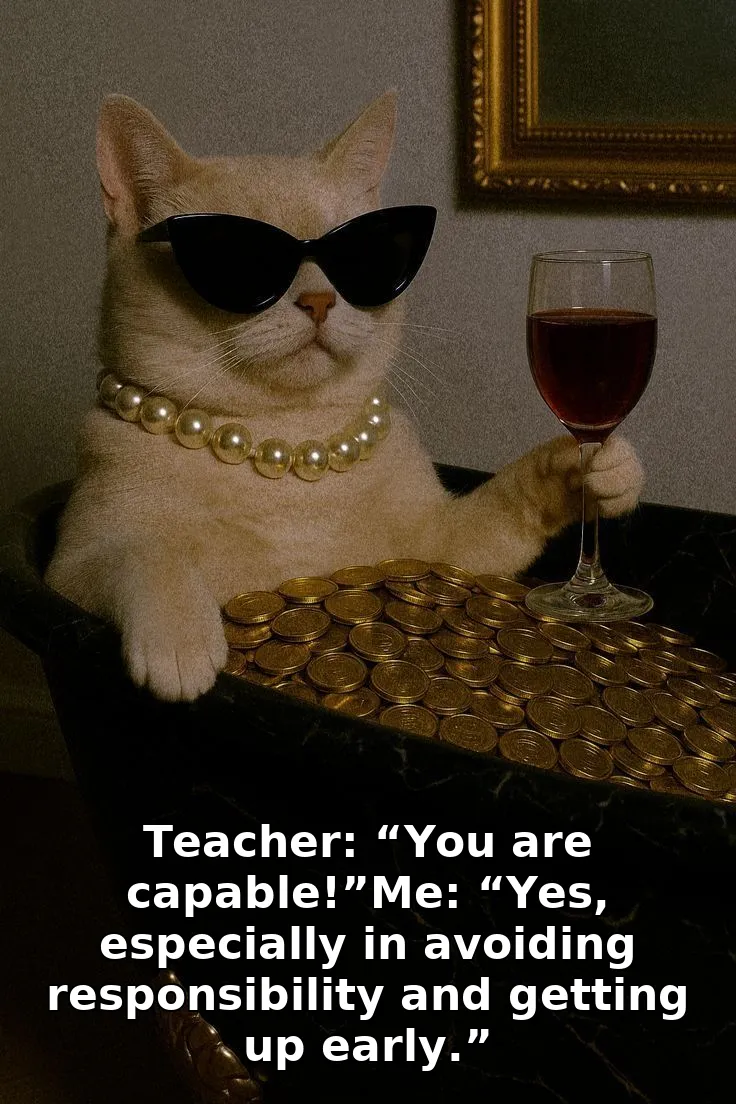 Teacher: “You are capable!”Me: “Yes, especially in avoiding responsibility and getting up early.”