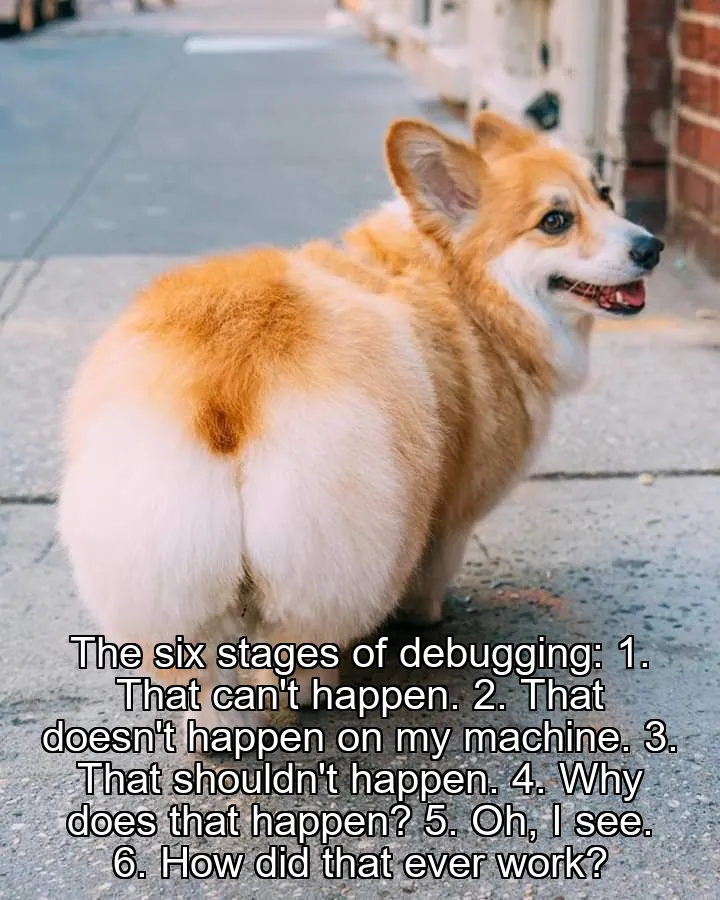 The six stages of debugging:
1. That can't happen.
2. That doesn't happen on my machine.
3. That shouldn't happen.
4. Why does that happen?
5. Oh, I see.
6. How did that ever work?