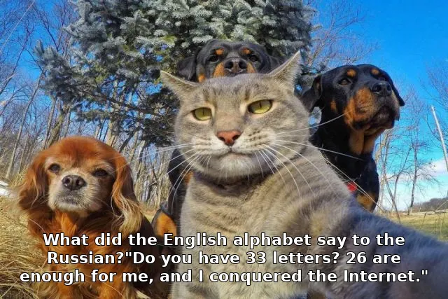 What did the English alphabet say to the Russian?"Do you have 33 letters? 26 are enough for me, and I conquered the Internet."