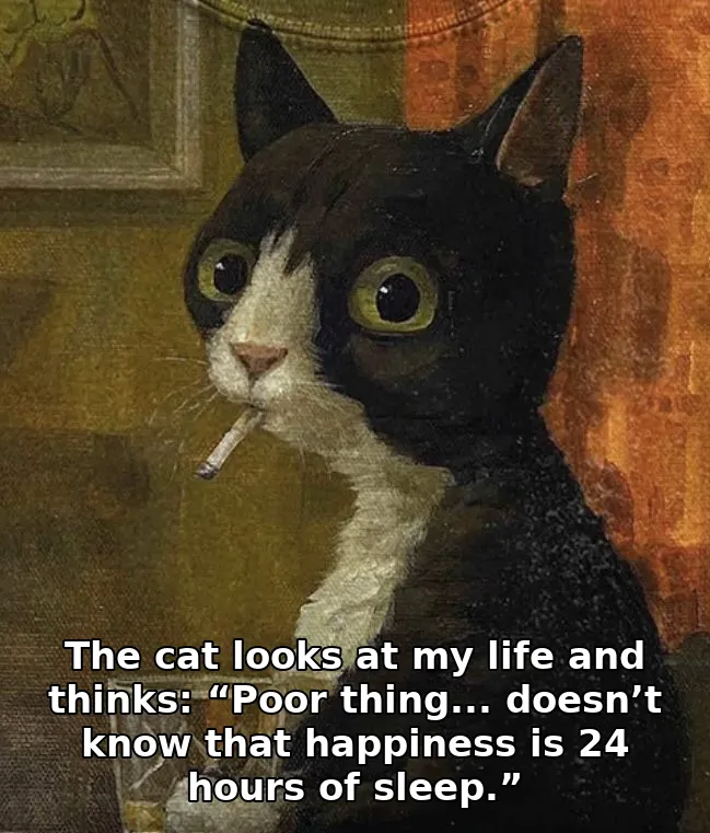 The cat looks at my life and thinks: “Poor thing... doesn’t know that happiness is 24 hours of sleep.”