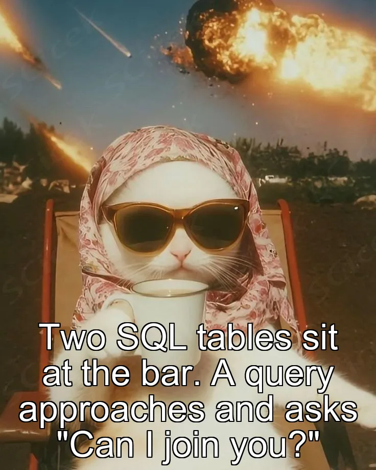 Two SQL tables sit at the bar. A query approaches and asks "Can I join you?"