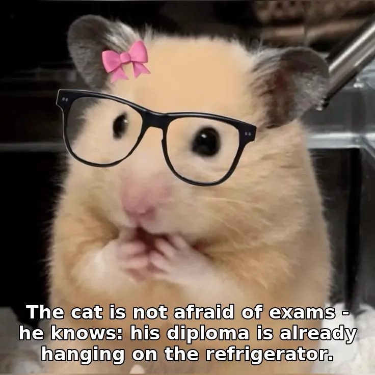 The cat is not afraid of exams - he knows: his diploma is already hanging on the refrigerator.