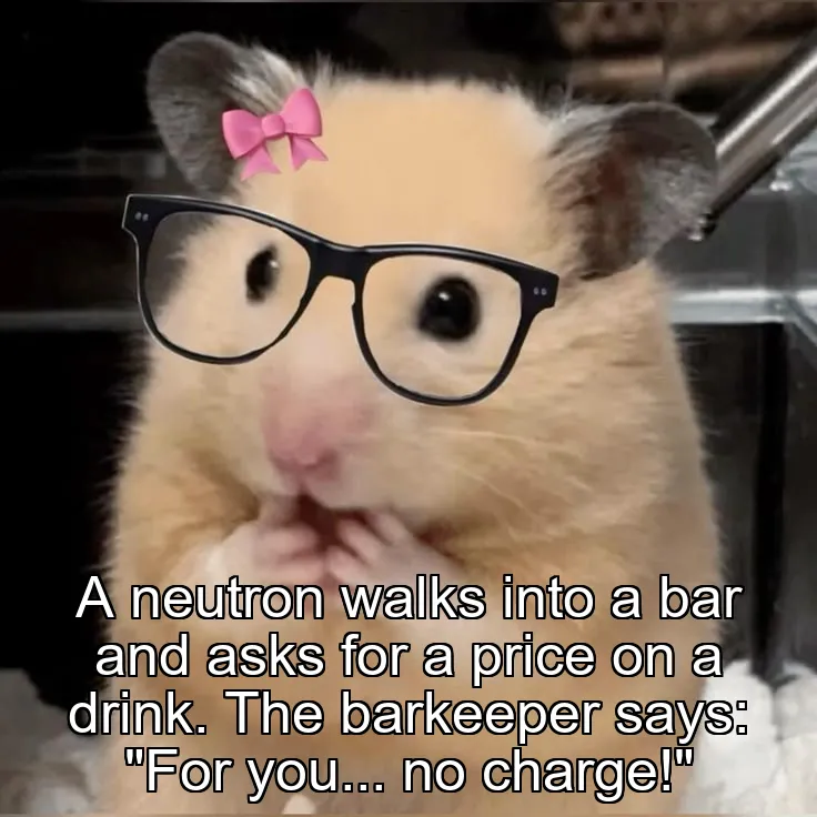 A neutron walks into a bar and asks for a price on a drink.
The barkeeper says: "For you... no charge!"