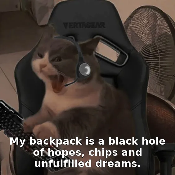 My backpack is a black hole of hopes, chips and unfulfilled dreams.