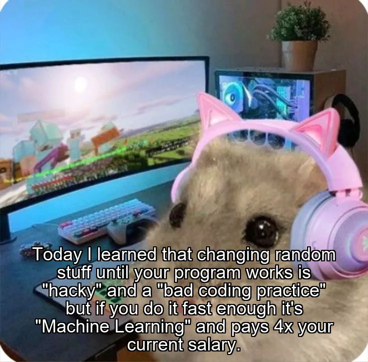 Today I learned that changing random stuff until your program works is "hacky" and a "bad coding practice" but if you do it fast enough it's "Machine Learning" and pays 4x your current salary.