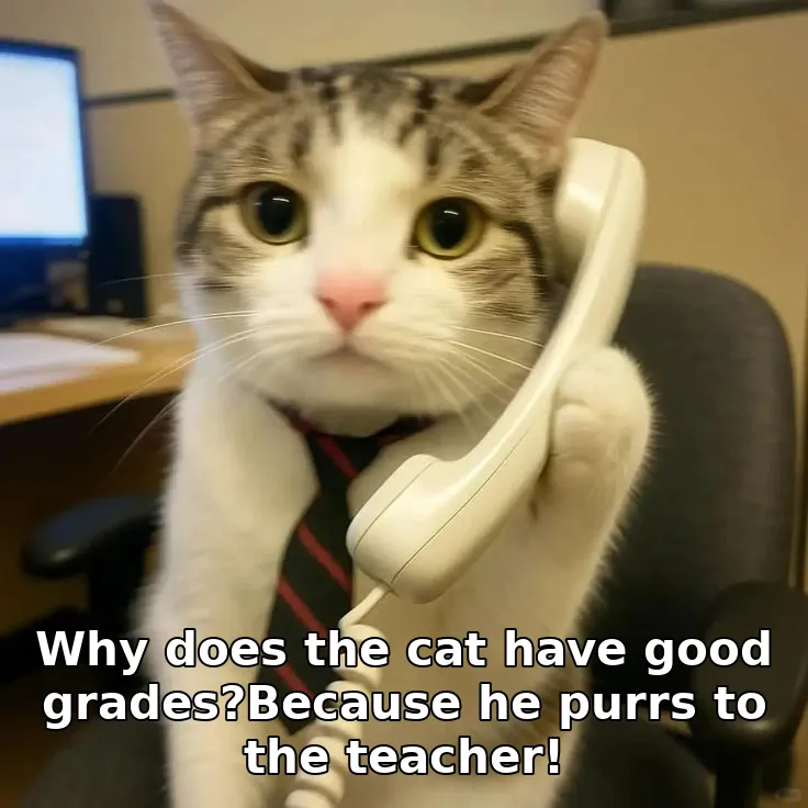 Why does the cat have good grades?Because he purrs to the teacher!