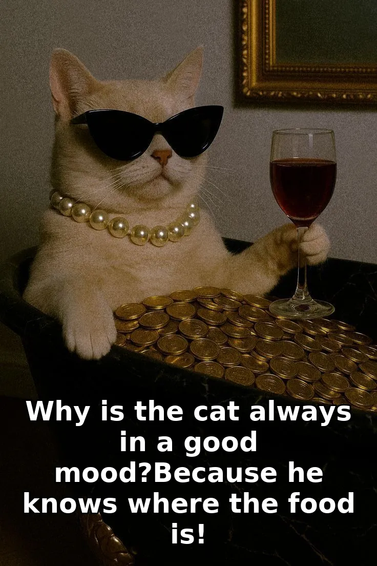 Why is the cat always in a good mood?Because he knows where the food is!