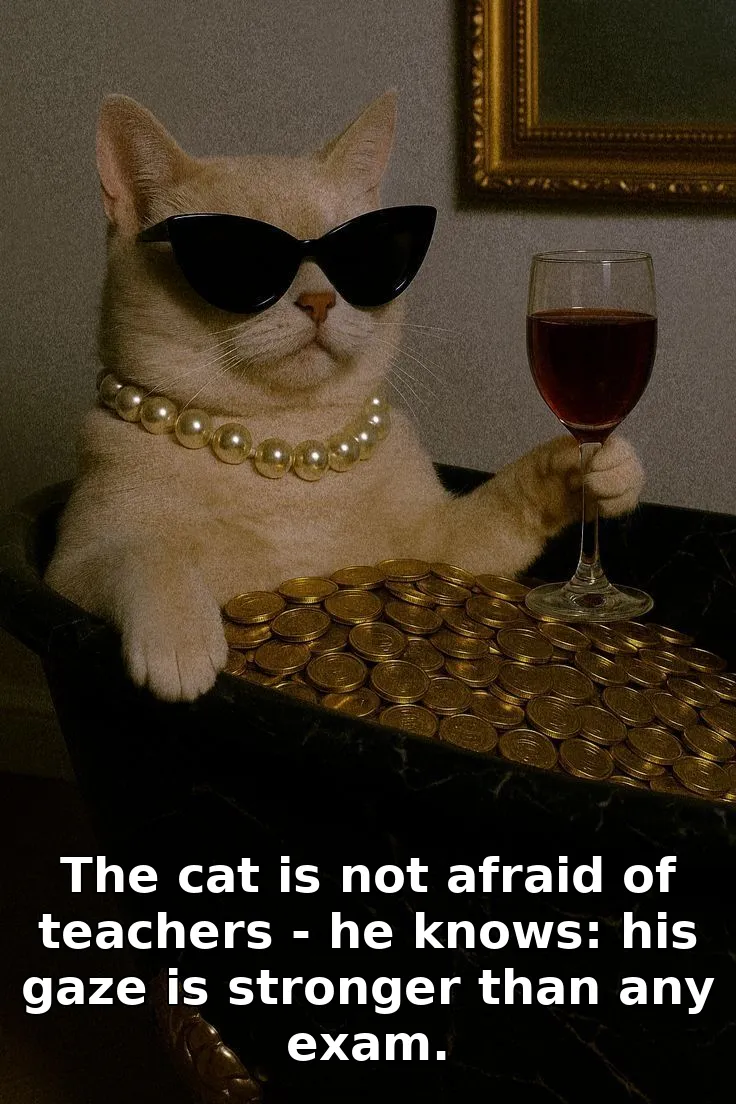 The cat is not afraid of teachers - he knows: his gaze is stronger than any exam.