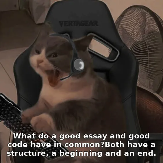 What do a good essay and good code have in common?Both have a structure, a beginning and an end.