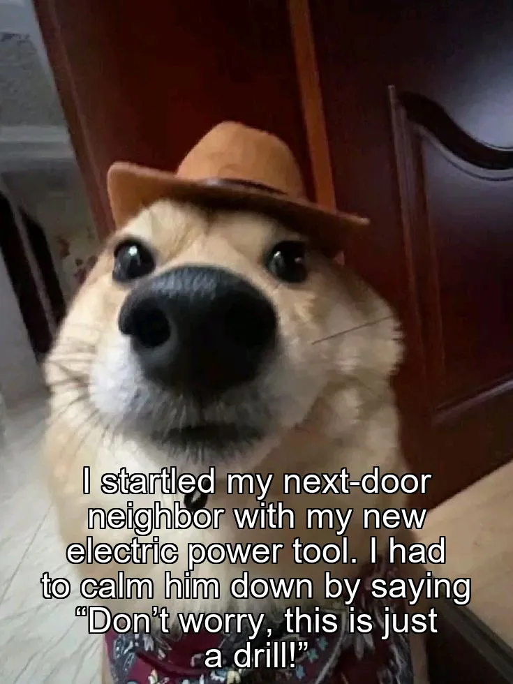 I startled my next-door neighbor with my new electric power tool. I had to calm him down by saying “Don’t worry, this is just a drill!”