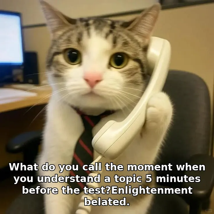 What do you call the moment when you understand a topic 5 minutes before the test?Enlightenment belated.