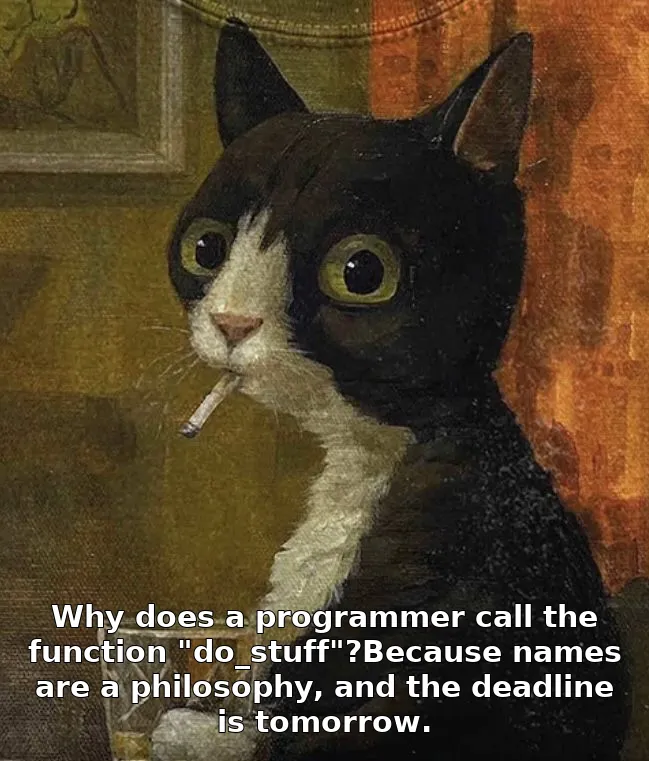 Why does a programmer call the function "do_stuff"?Because names are a philosophy, and the deadline is tomorrow.