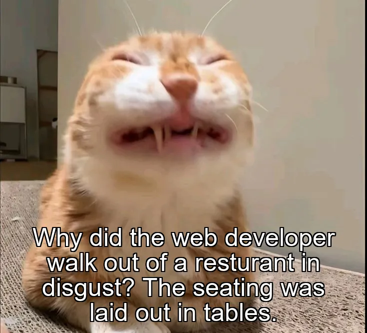 Why did the web developer walk out of a resturant in disgust? The seating was laid out in tables.
