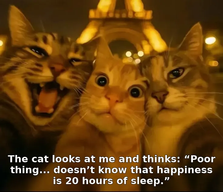The cat looks at me and thinks: “Poor thing... doesn’t know that happiness is 20 hours of sleep.”