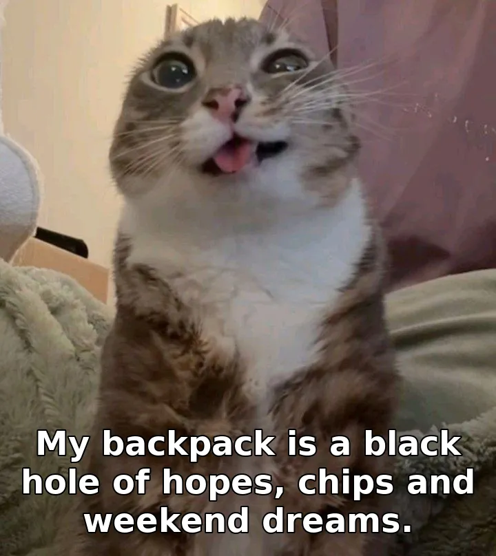 My backpack is a black hole of hopes, chips and weekend dreams.