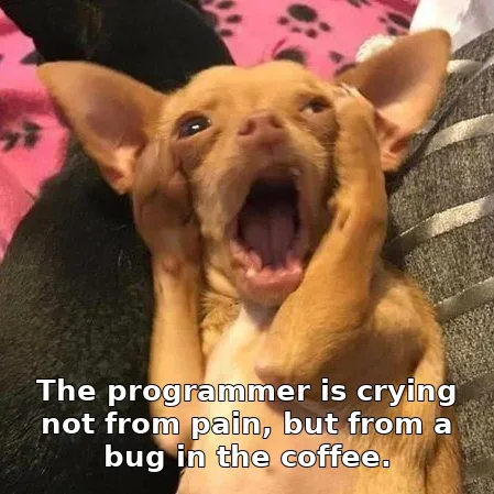 The programmer is crying not from pain, but from a bug in the coffee.
