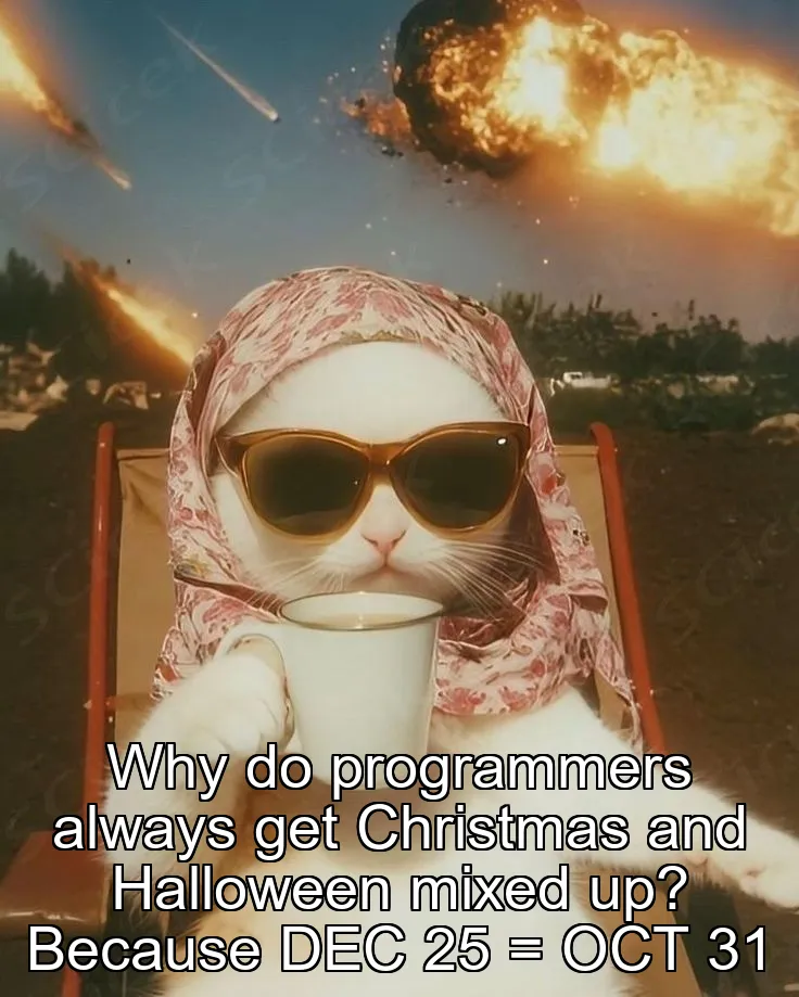 Why do programmers always get Christmas and Halloween mixed up? Because DEC 25 = OCT 31