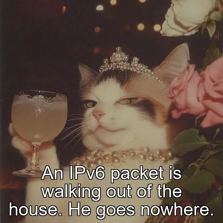 An IPv6 packet is walking out of the house. He goes nowhere.