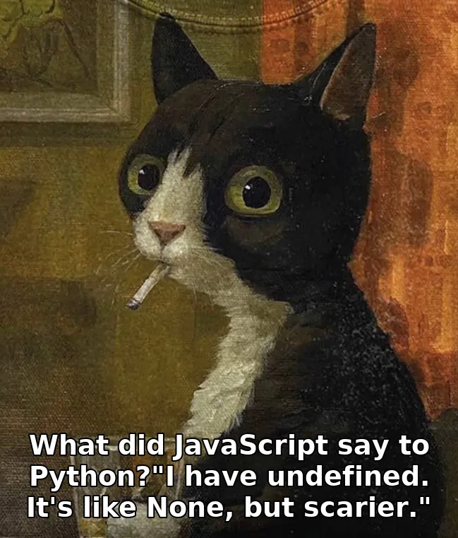 What did JavaScript say to Python?"I have undefined. It's like None, but scarier."