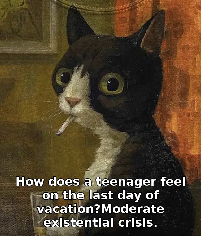 How does a teenager feel on the last day of vacation?Moderate existential crisis.